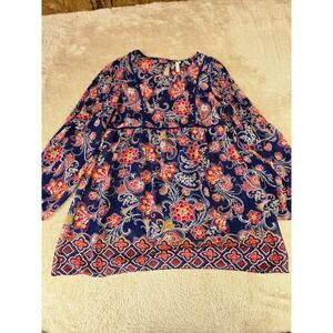 Red Camel Womens Navy Blue Floral Paisley Smocked Sleeve Boho Blouse Medium